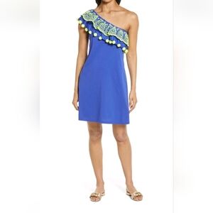 LILLY PULITZER Idara One Shoulder Ruffle Dress Corsica Blue Embroidered Pom-Pom